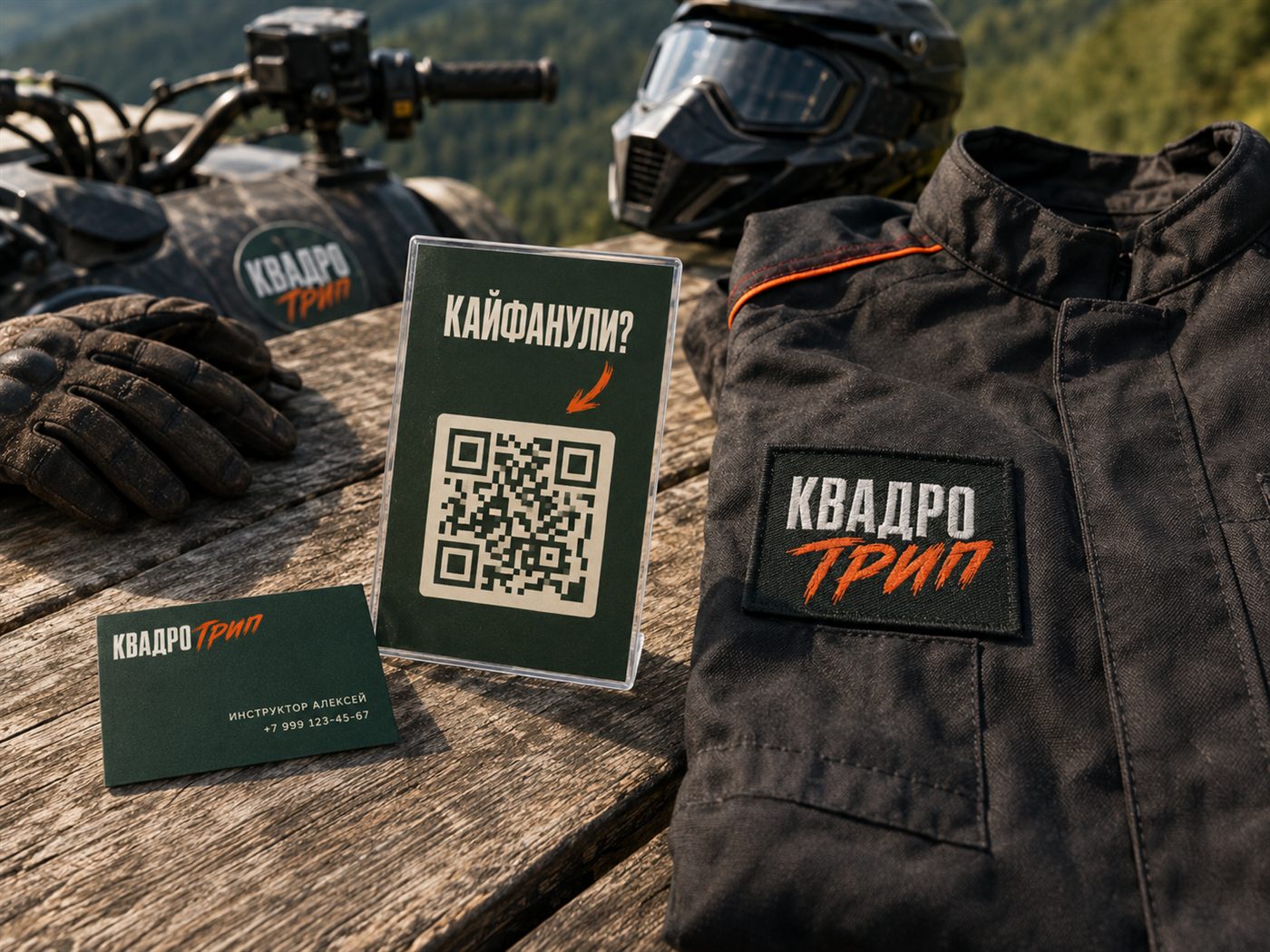 Визитка, QR-карточка и брендированный комбинезон KvadroTrip